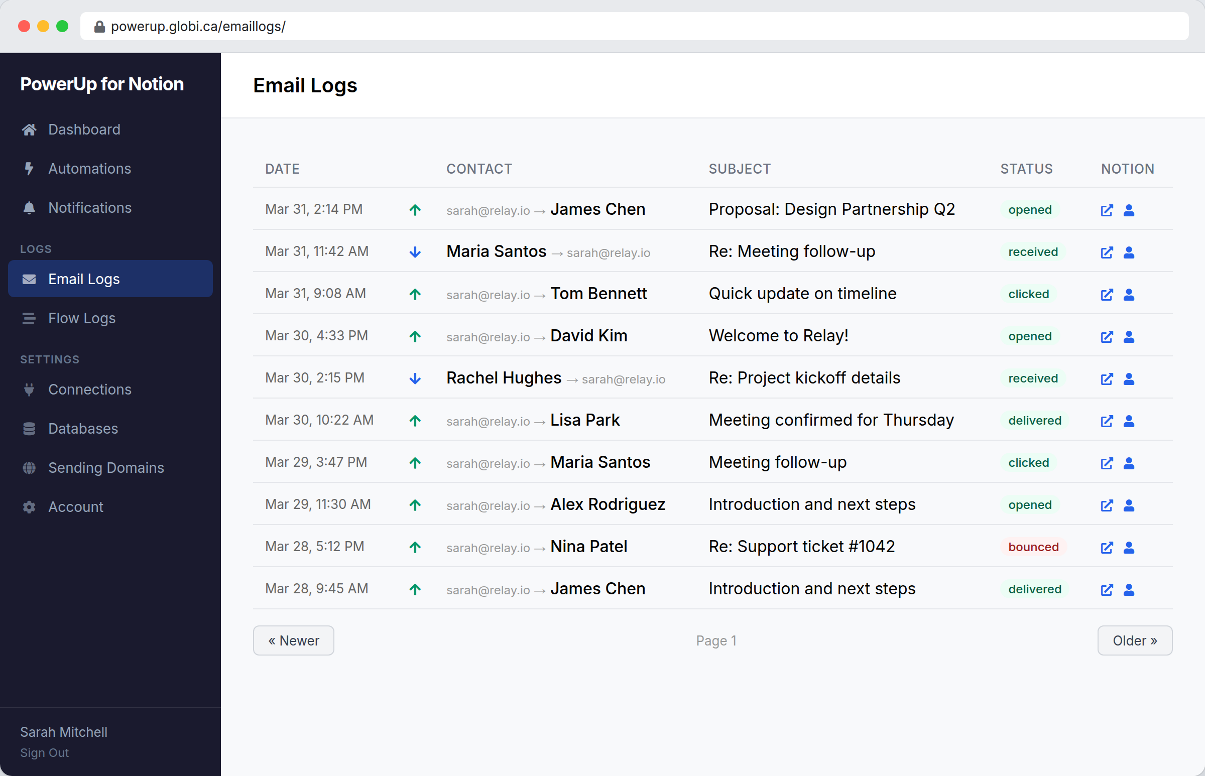 PowerUp email logs showing sent and received emails with open, click, and delivery tracking