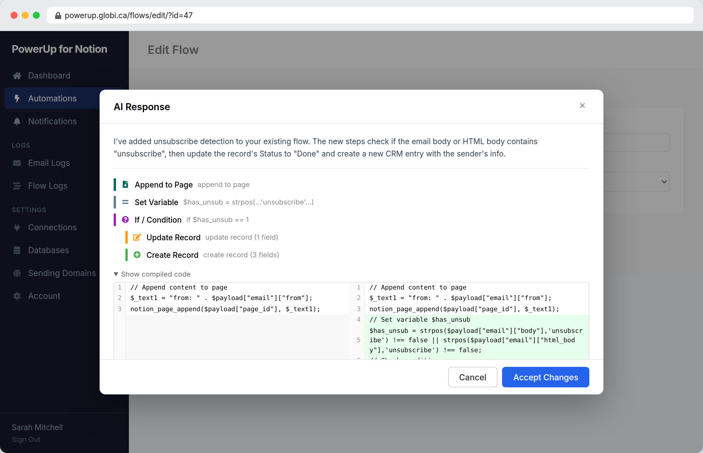 PowerUp AI assistant generating automation blocks from a natural language prompt