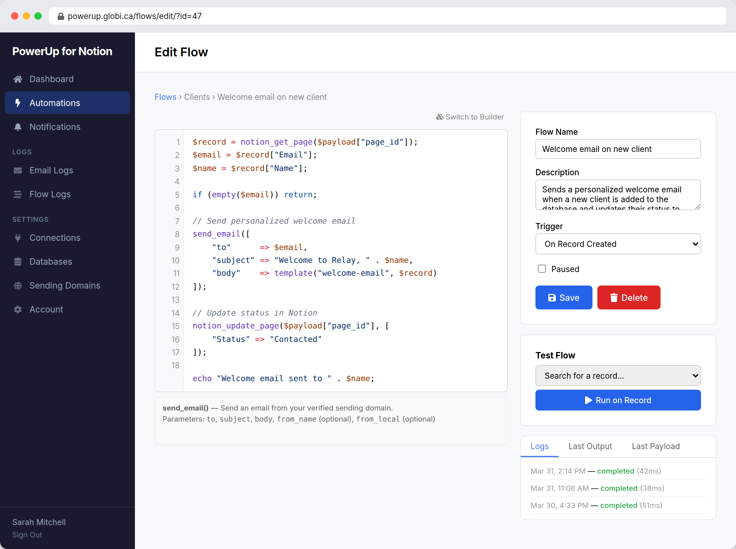 PowerUp code editor with PHPScript showing a welcome email automation with syntax highlighting