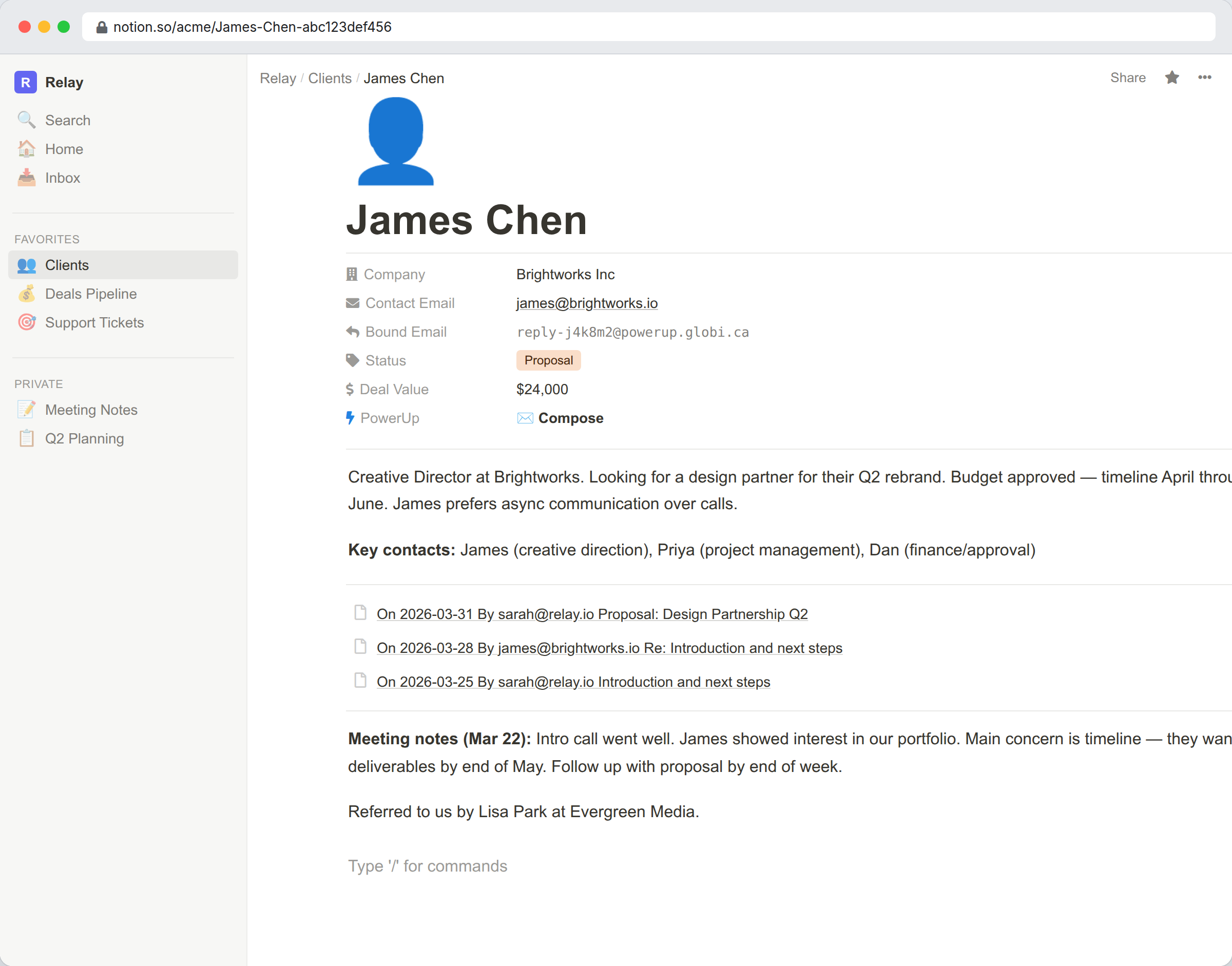 Notion record page showing email conversation history stored as sub-pages with dates and previews